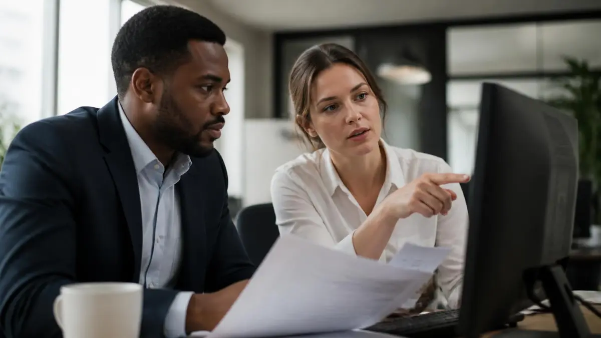 Dupla do time financeiro conferindo extratos bancários juntos no monitor
