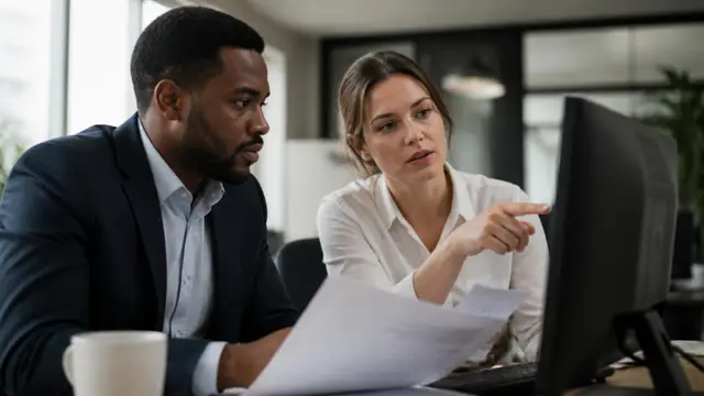 Dupla do time financeiro conferindo extratos bancários juntos no monitor
