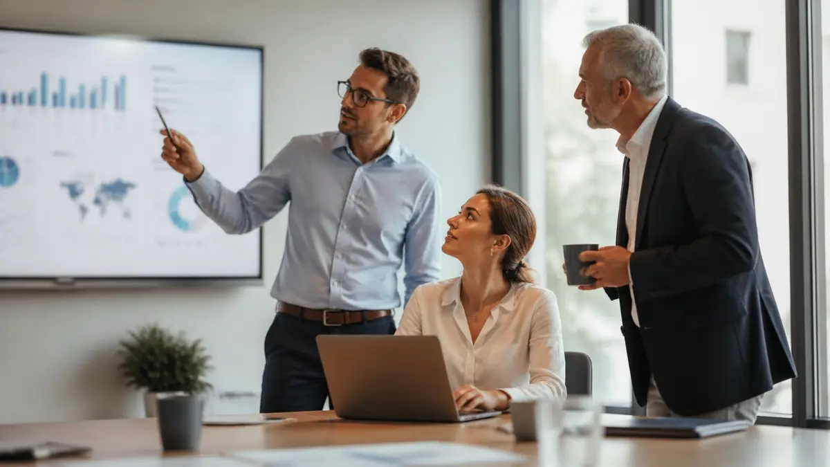 Time de tesouraria discutindo indicadores em painéis no escritório